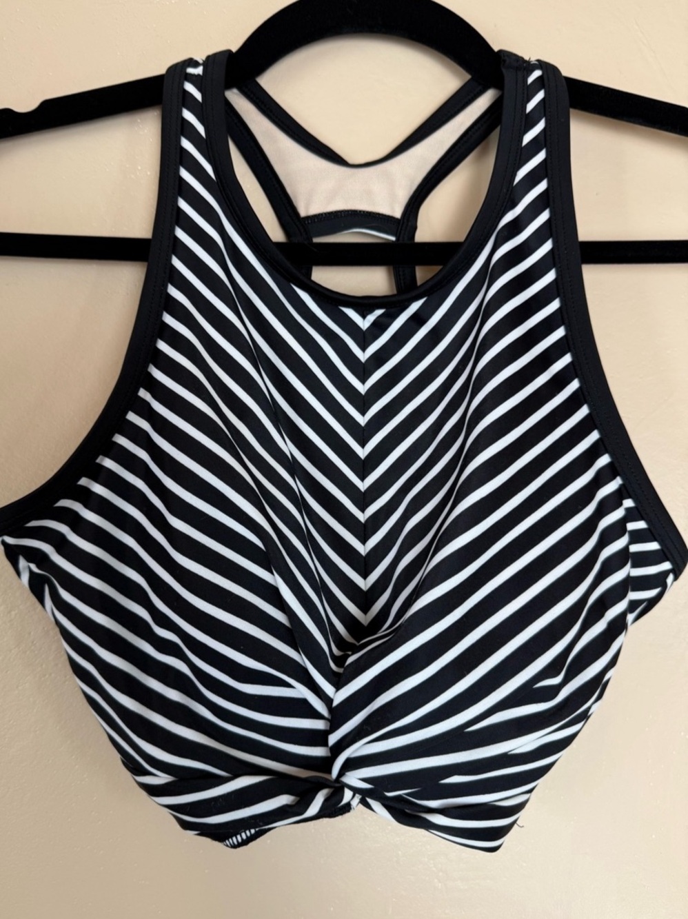 Kona Sol Black & White Chevron Stripe Twist-Front Racerback Bikini Top